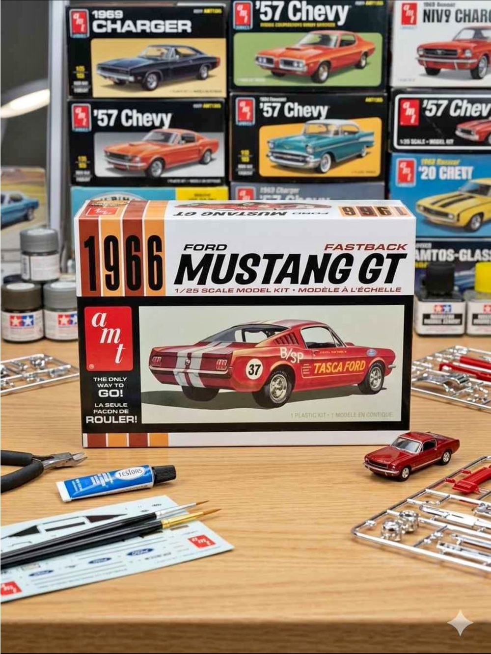 MT 1966 Mustang GT Fastback Model Kit with Red and White Livery